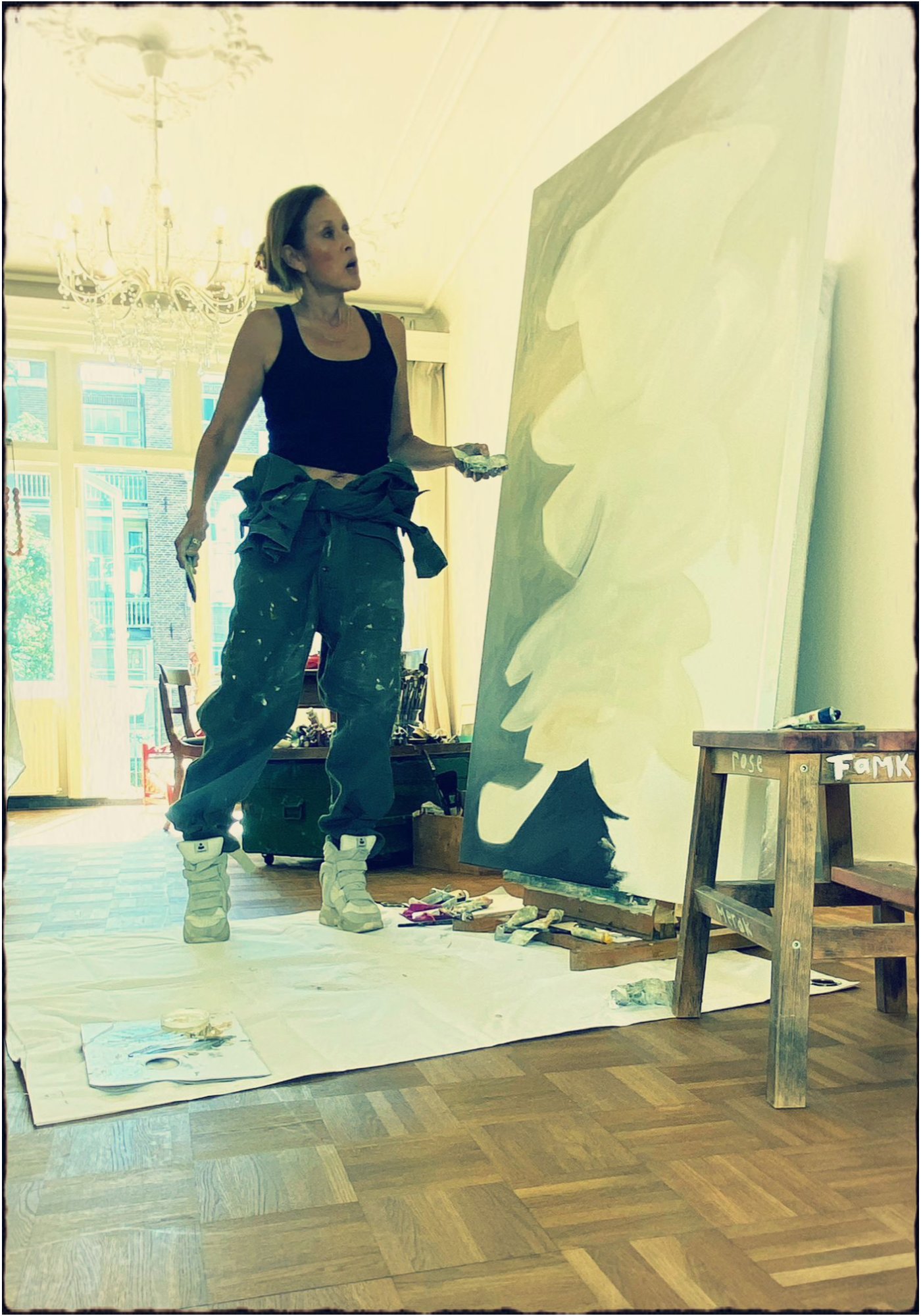 Wanda Plantinga painting in her Amsterdam studio
