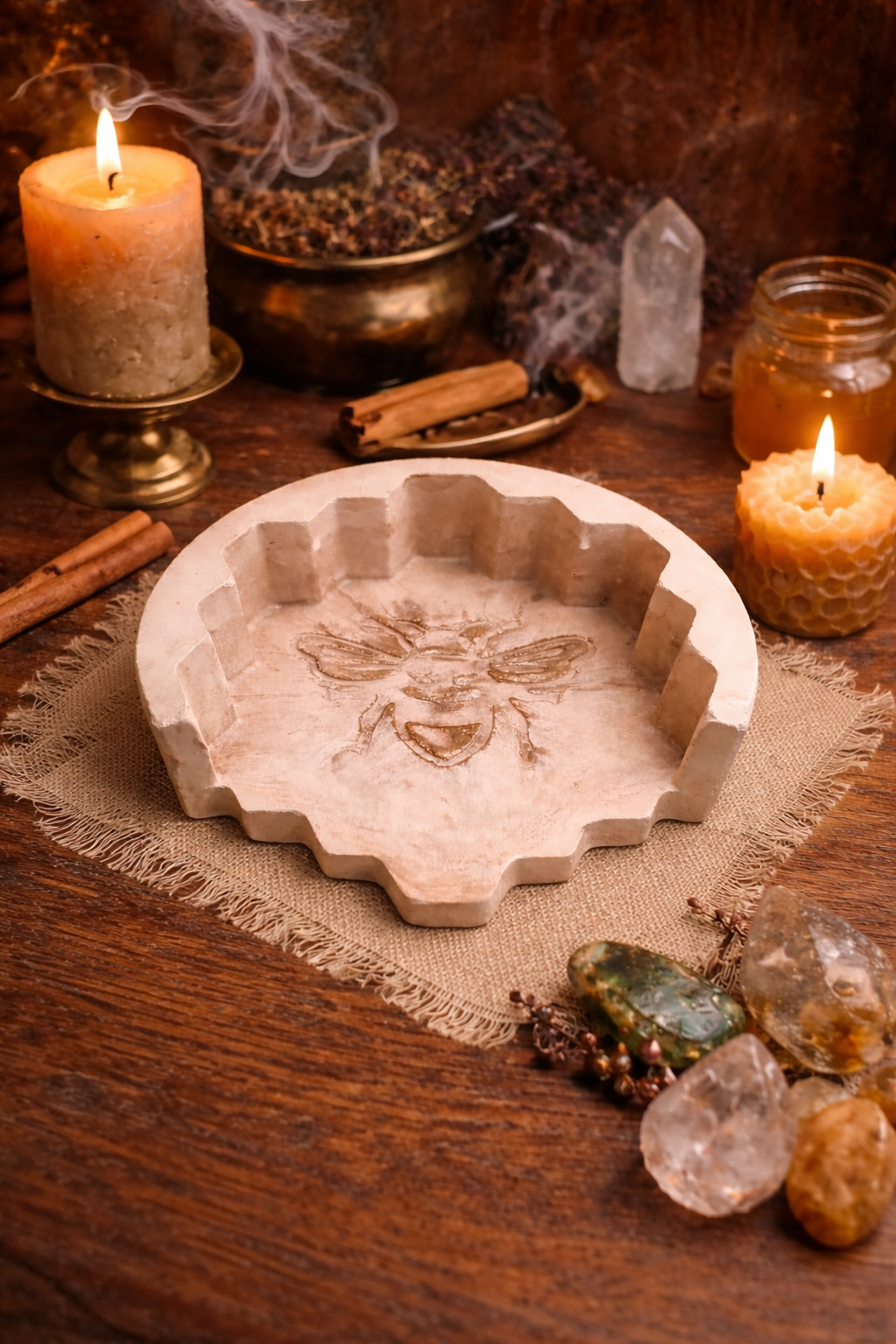 La Ofrenda — hand-cast ceramic stone altar dish with embossed sacred bee design