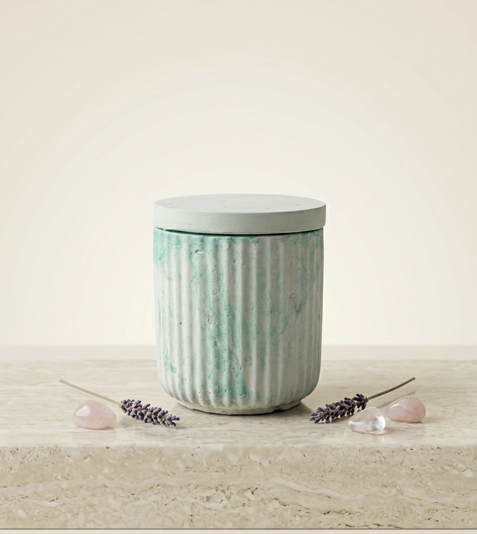Aguamarina sculptural beeswax vessel — clean product shot, sea green/mint/jade mica, flat lid