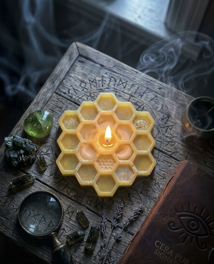 El Panal honeycomb beeswax candle lit, surrounded by crystals, runes, and sacred objects on a wooden altar