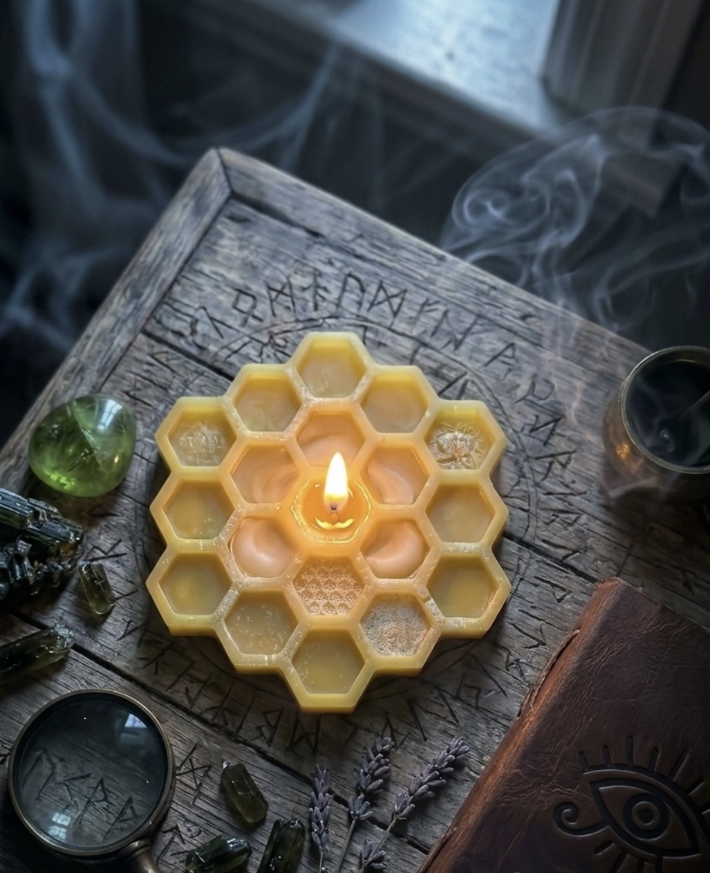 La Ofrenda + El Panal ritual set — altar dish and honeycomb beeswax candle by Cera Pura