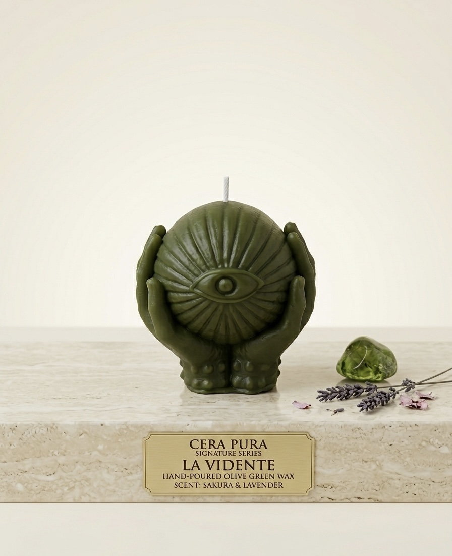 La Vidente — sculptural olive green beeswax candle, hands cradling the Third Eye, Signature Series by Cera Pura