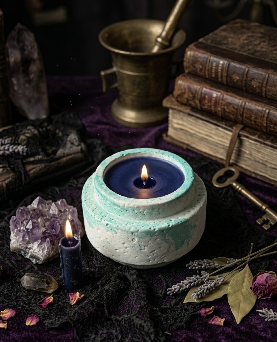 Pócima sculptural beeswax vessel — styled editorial shot, turquoise/sea green mica apothecary jar