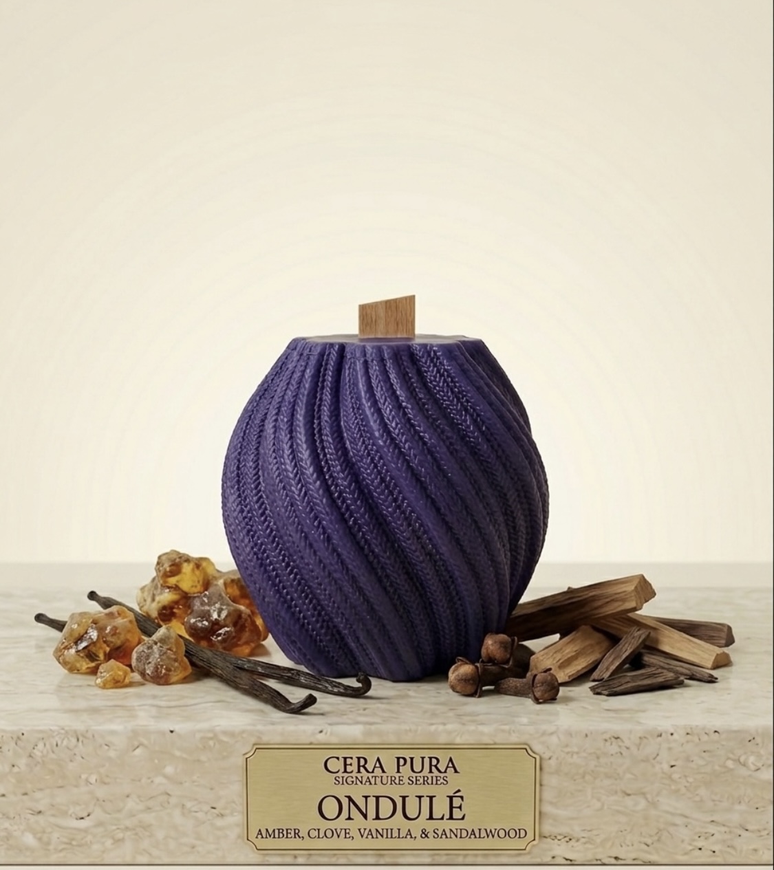 Ondulé sculptural candle 3oz — spiraled beeswax in deep purple