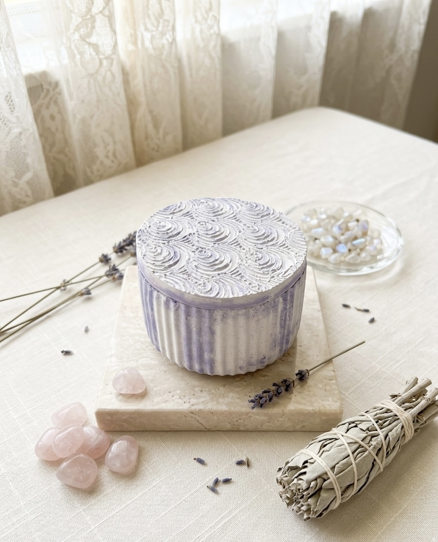 Amatista sculptural beeswax vessel — styled shot, purple/lavender mica, ribbed fluted body