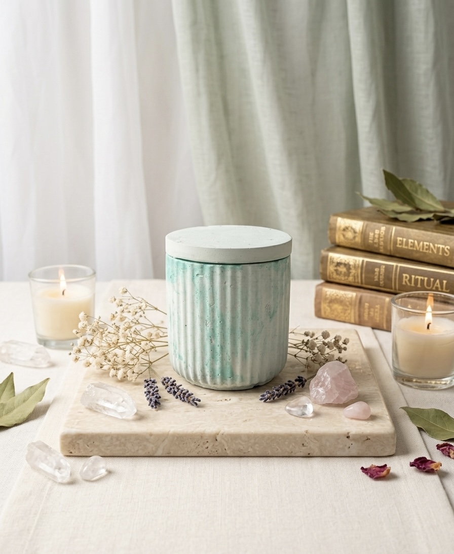 Aguamarina sculptural beeswax vessel — styled shot, sea green/mint/jade mica, ribbed fluted body