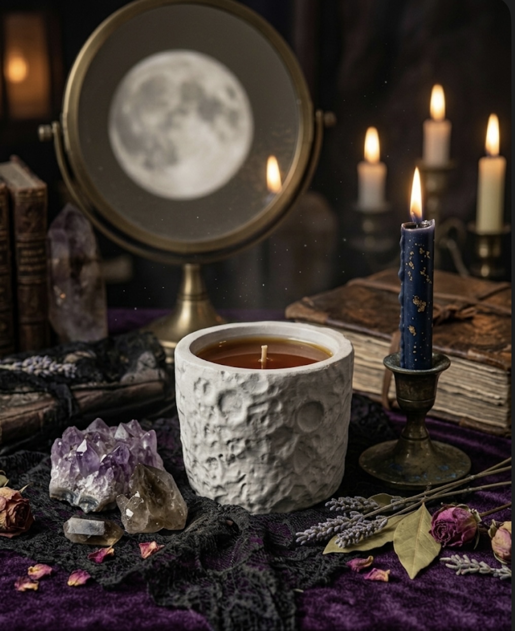 Superluna moon-surface cement vessel — styled editorial shot with crystals, candles, and moon mirror