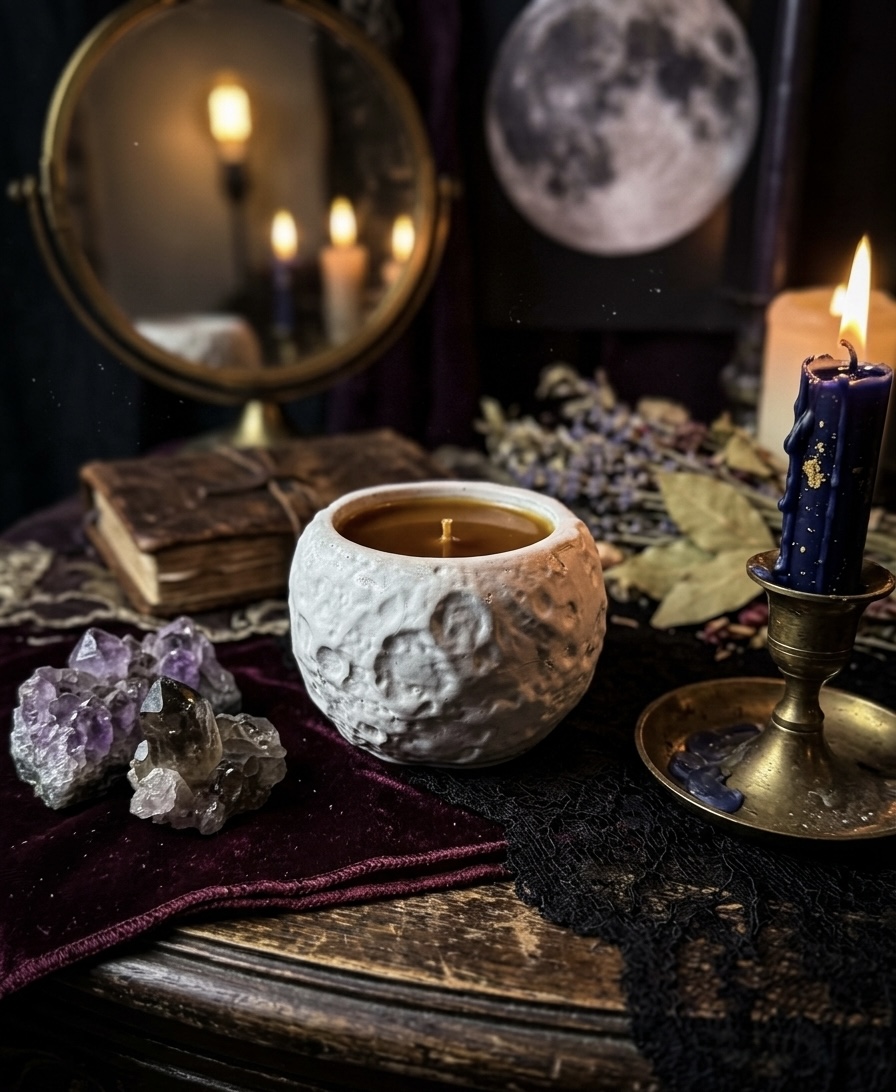 La Luna moon crater-textured cement vessel — styled editorial shot with crystals, candles, and moon mirror