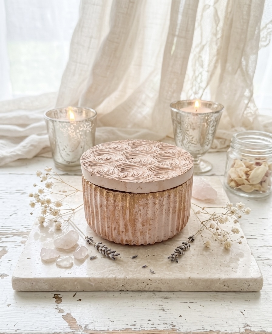 Aurora sculptural beeswax vessel — styled shot with lid, rose gold/blush mica, ribbed fluted base