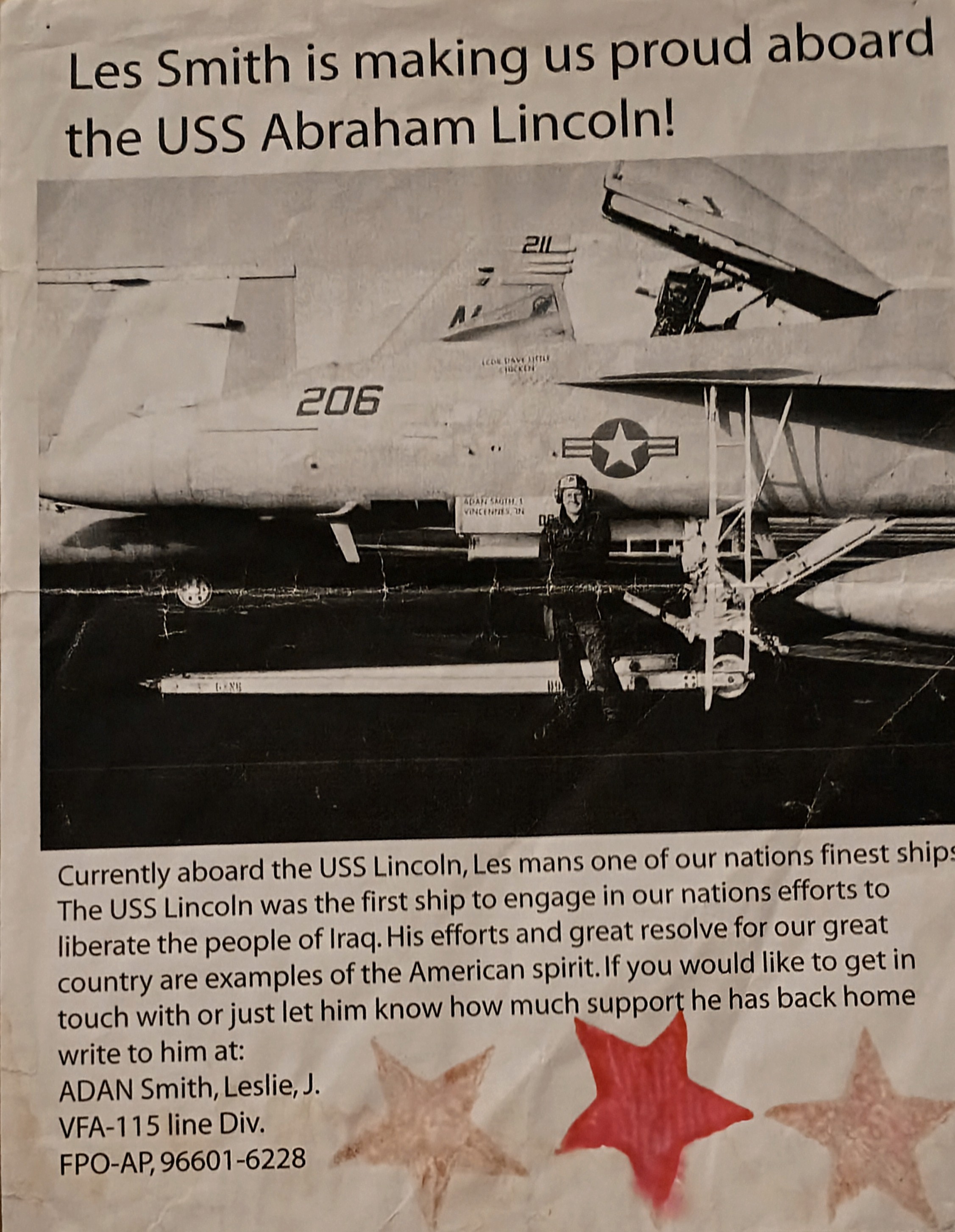Vincennes News newspaper clipping — VFA-115 line division, USS Abraham Lincoln