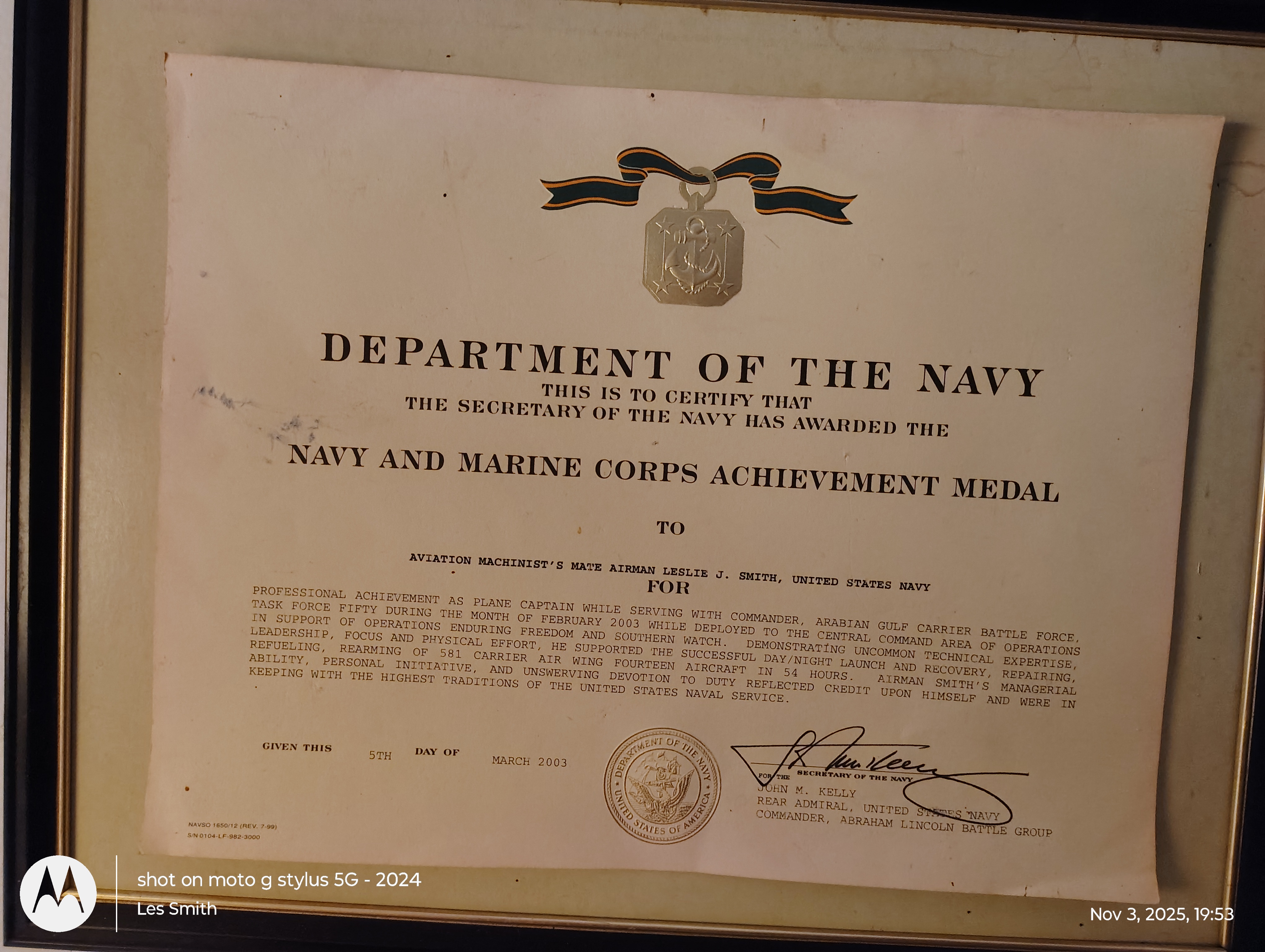 Navy and Marine Corps Achievement Medal — Plane Captain, 581 aircraft in 54 hours