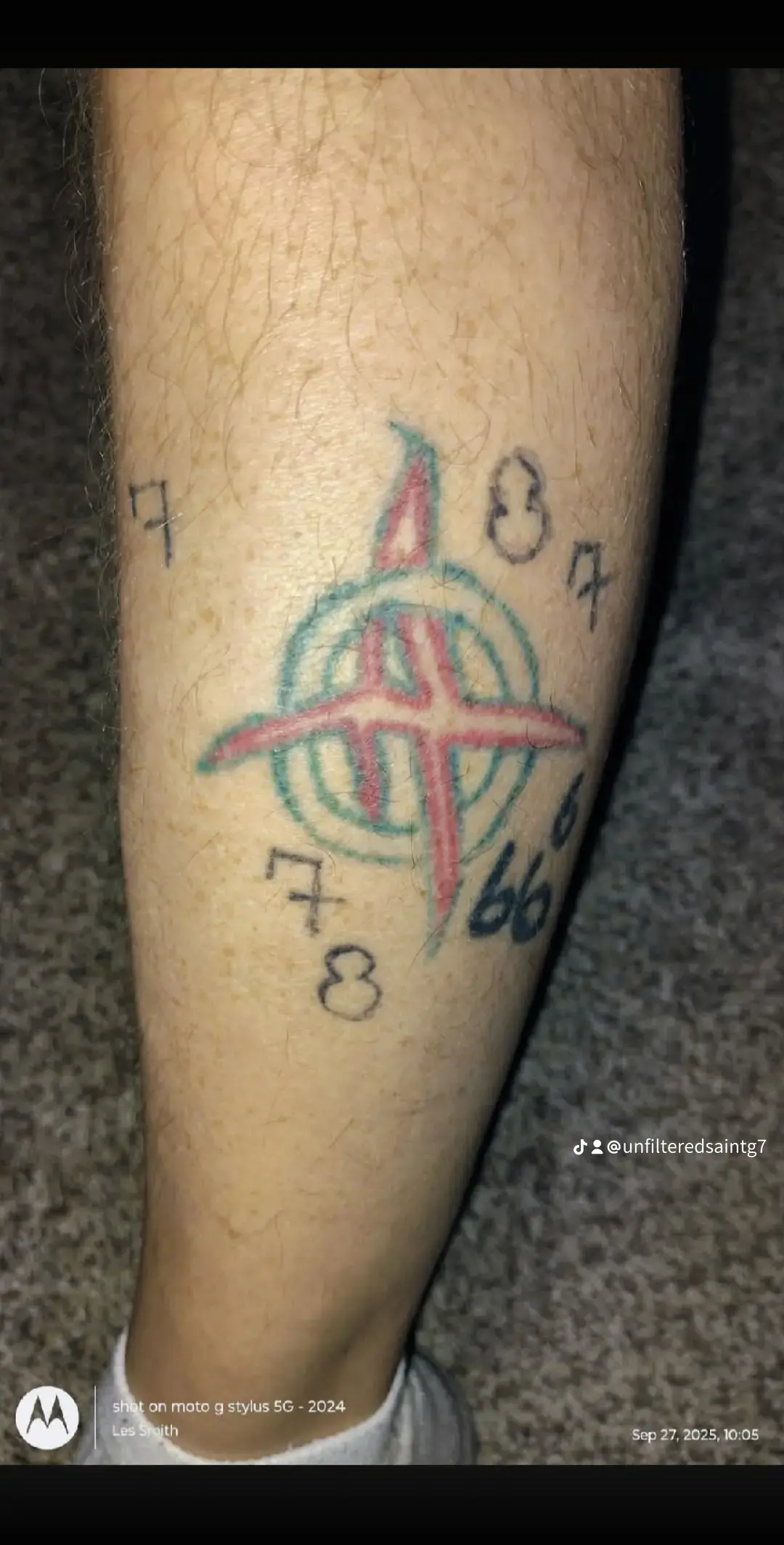 Les Smith leg tattoo — Celtic cross with numerology
