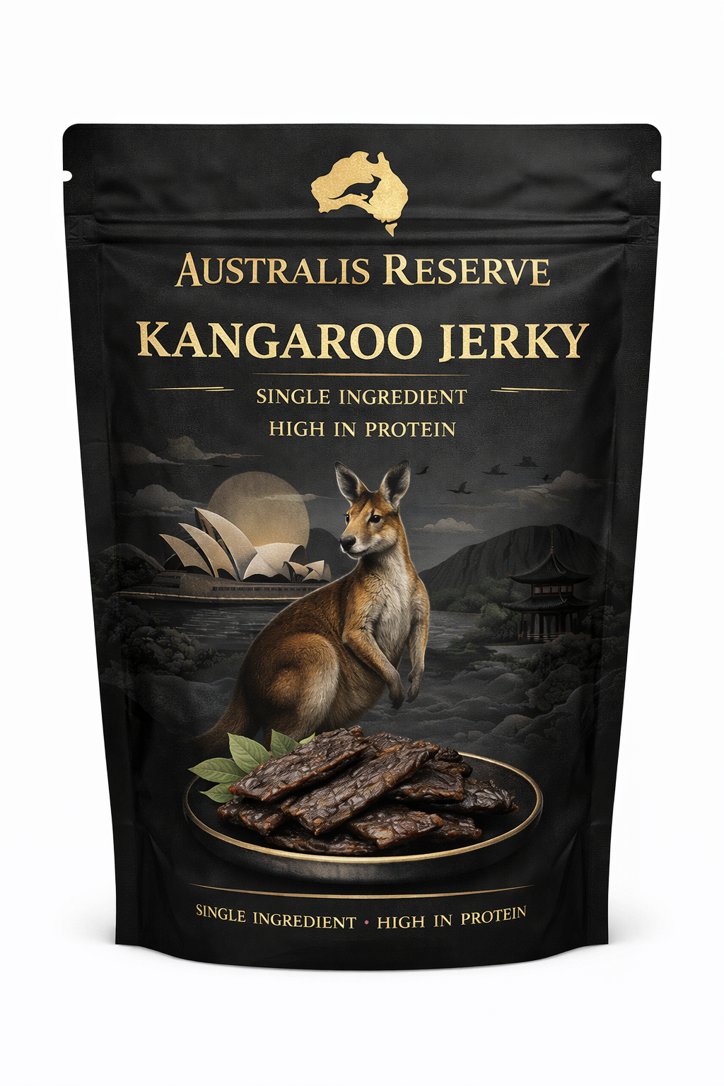 Australis Reserve Wild Kangaroo Jerky — black and gold packaging, single ingredient air-dried treat