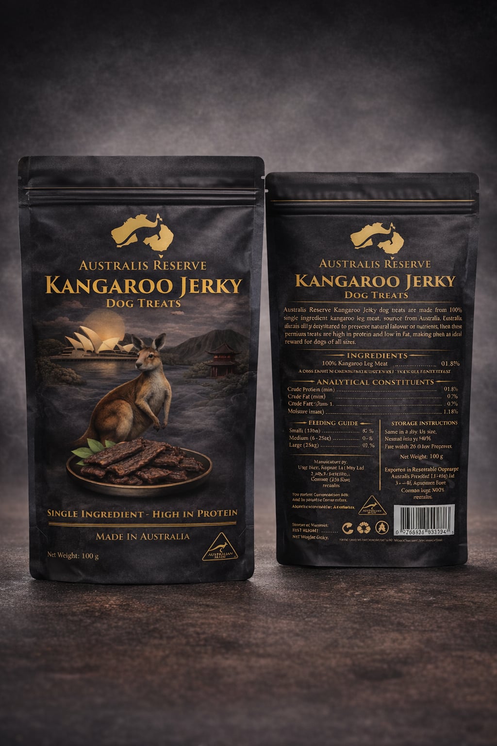 Australis Reserve Wild Kangaroo Jerky — front and back of black and gold packaging