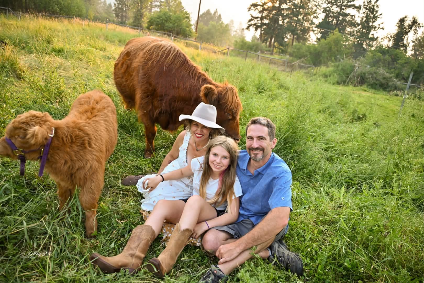 Parents kneeling with a toddler between them at the pasture fence, a Highland cow grazing softly out of focus behind.