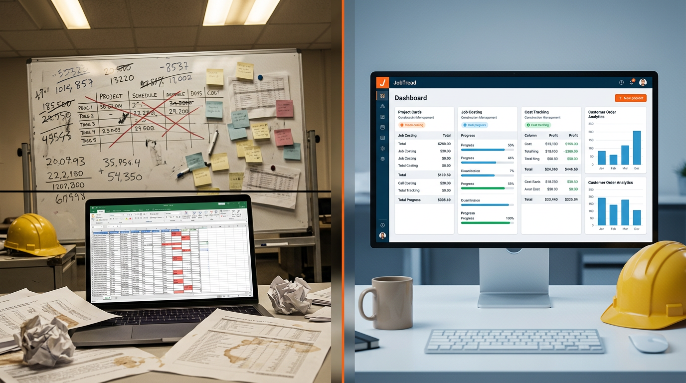 Before: chaotic whiteboard, crumpled paper, and spreadsheets. After: clean JobTread dashboard with organized project cards, job costing, cost tracking, and analytics.