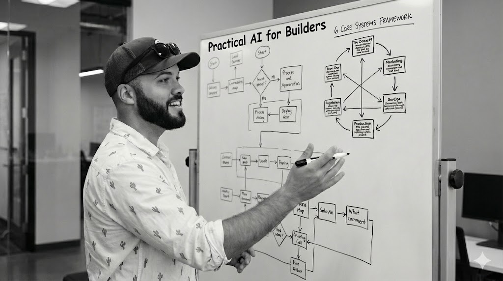 Grant at a whiteboard teaching Practical AI for Builders with the 6 Core Systems Framework