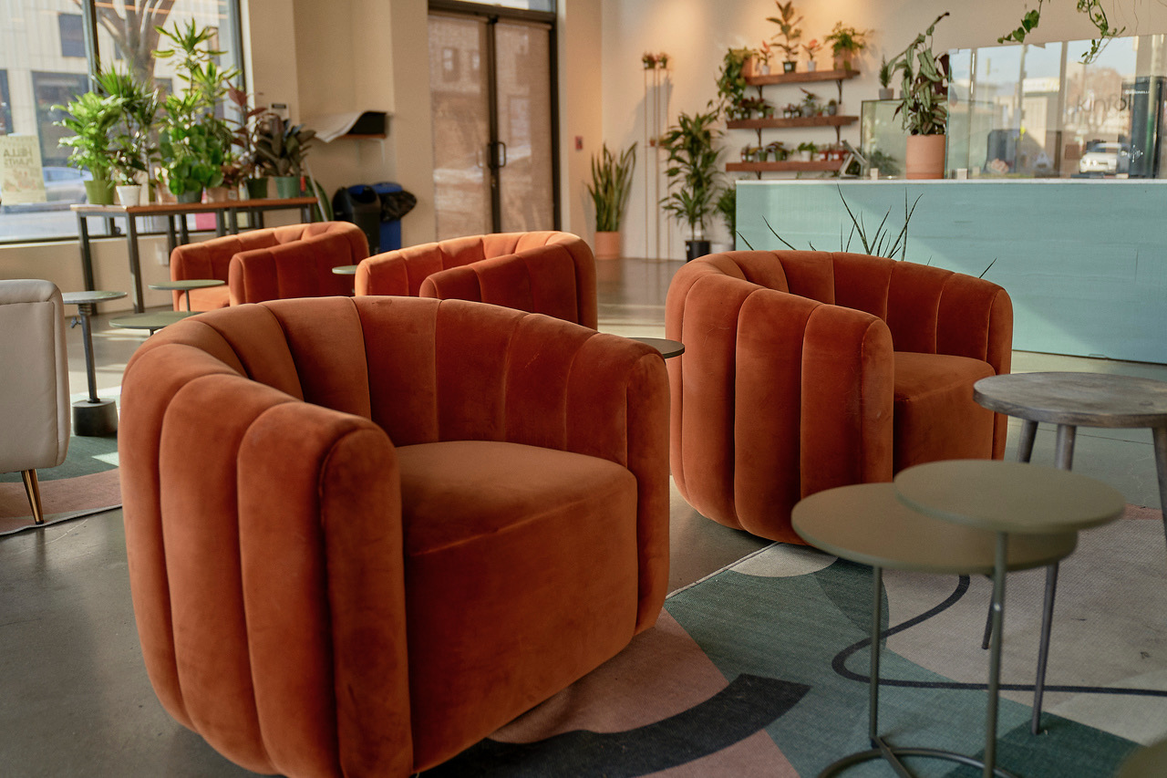 Kinfolx burnt orange velvet lounge chairs — the heart of the space