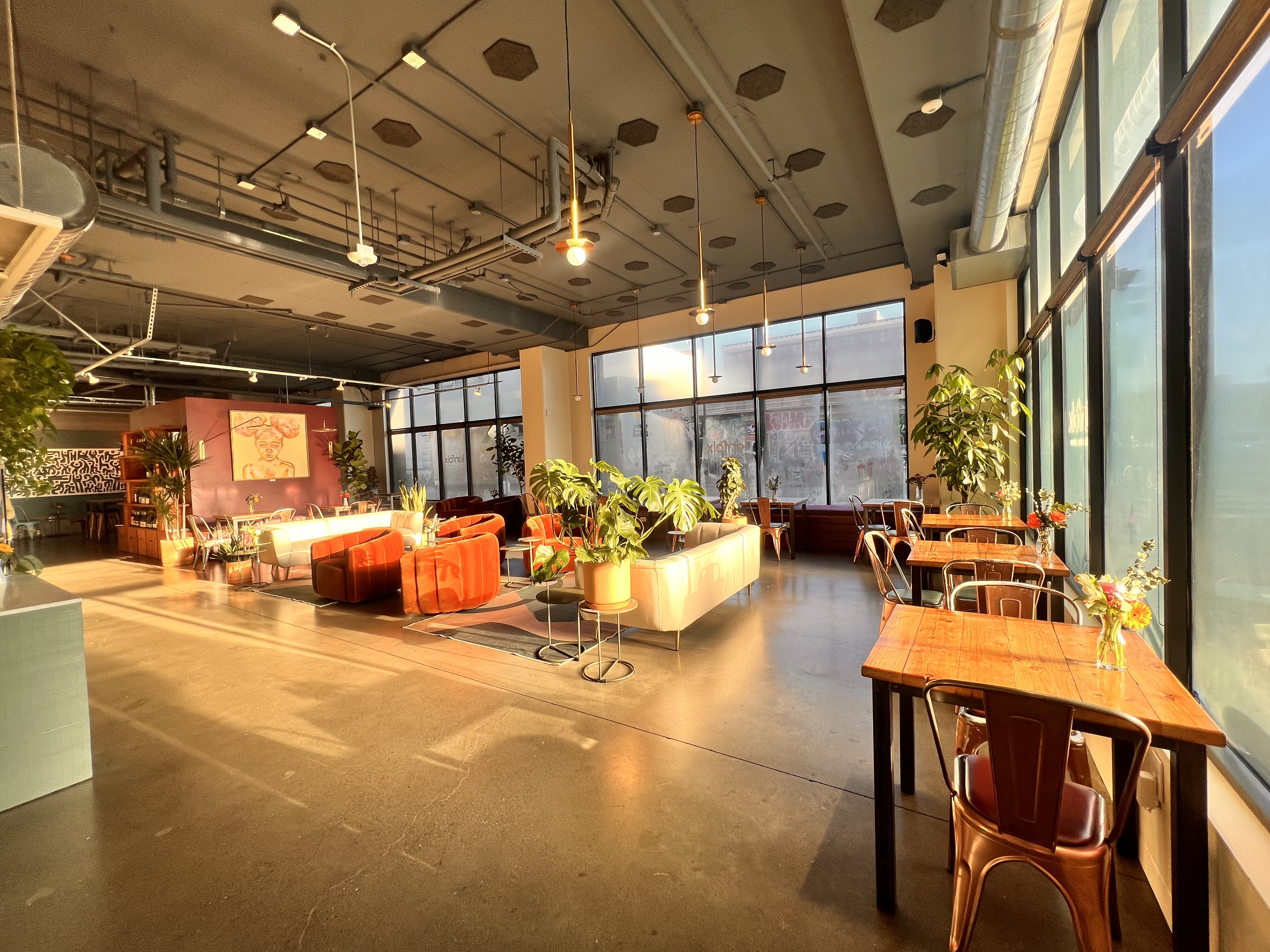 Kinfolx interior - golden hour light through floor-to-ceiling windows