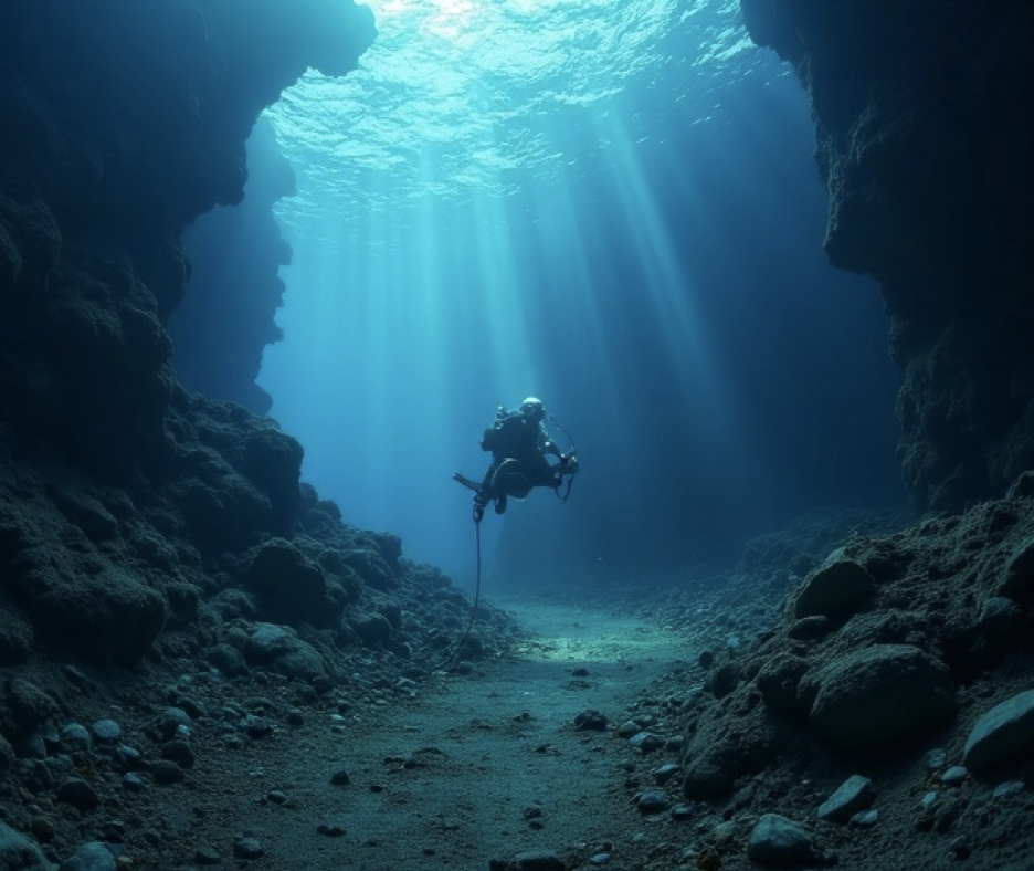 Underwater diver exploring deep-sea canyon — Deep Blue Resources operational environment