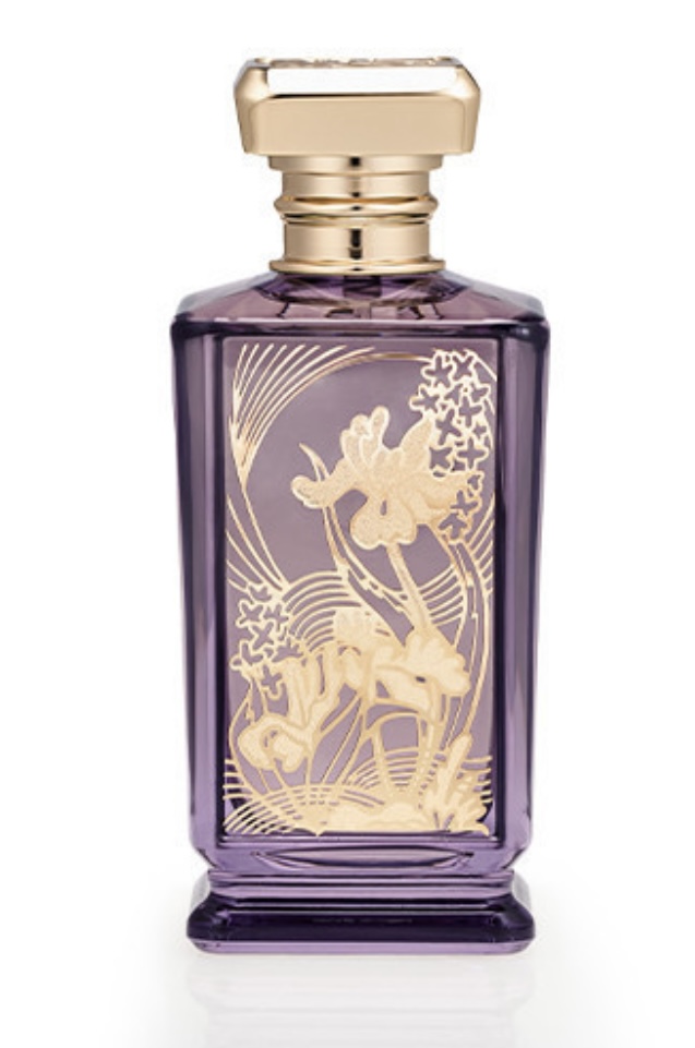 AS IT FLOURISHES — purple perfume bottle with gold botanical relief
