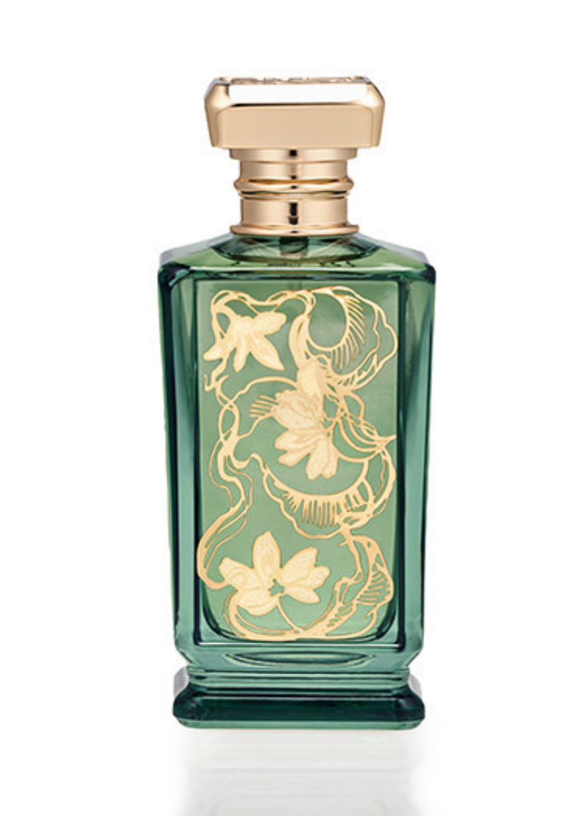 CHAYUKI — green perfume bottle with gold botanical relief