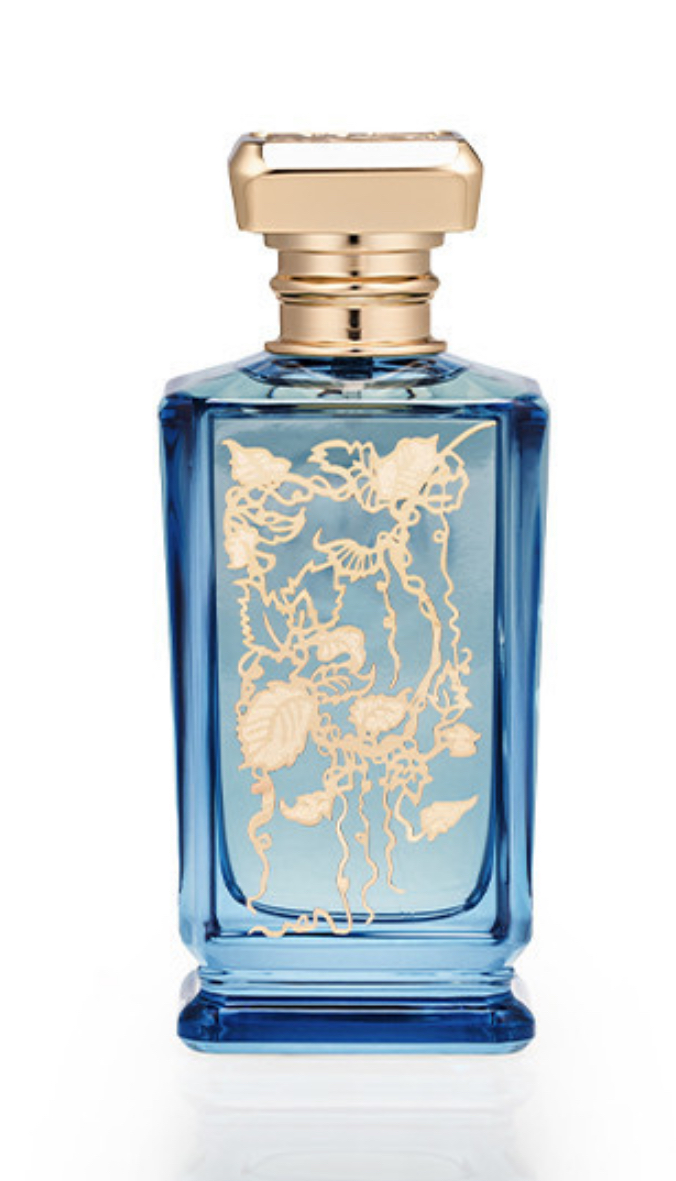 WAITING, SNOOZING… — blue perfume bottle with gold botanical relief