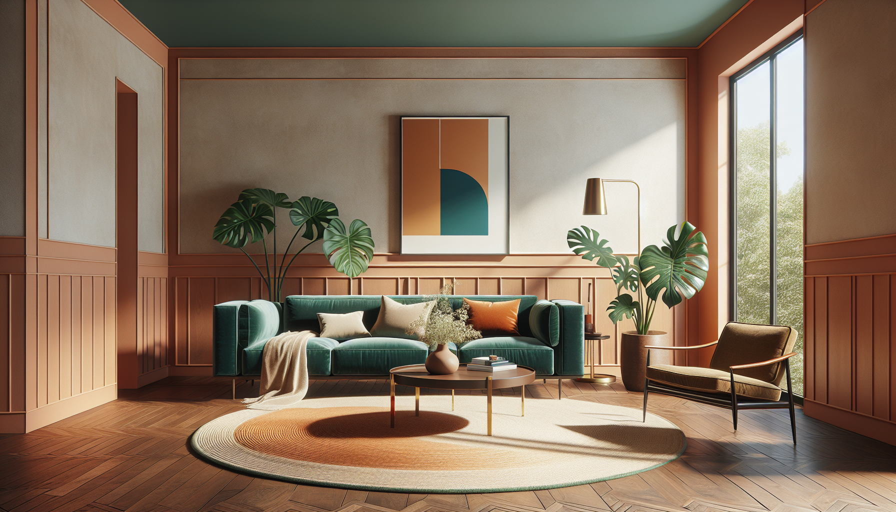 Living room after Foyer AI redesign — warm Japandi style with terracotta and teal