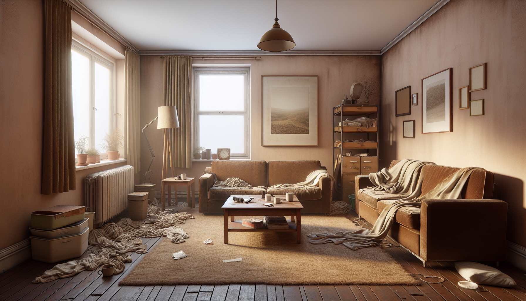 Living room before AI redesign — plain beige walls, dated furniture