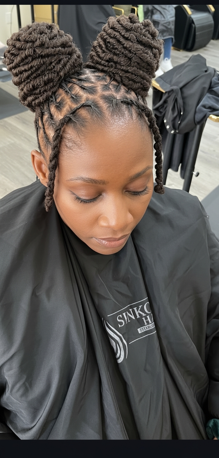 Loc Updo — Double Buns with face-framing locs