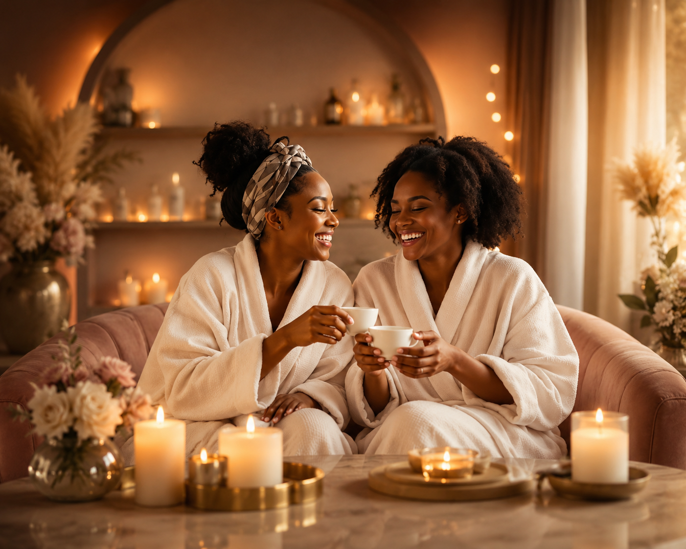 Two women in spa robes enjoying coffee together — warm candlelit setting