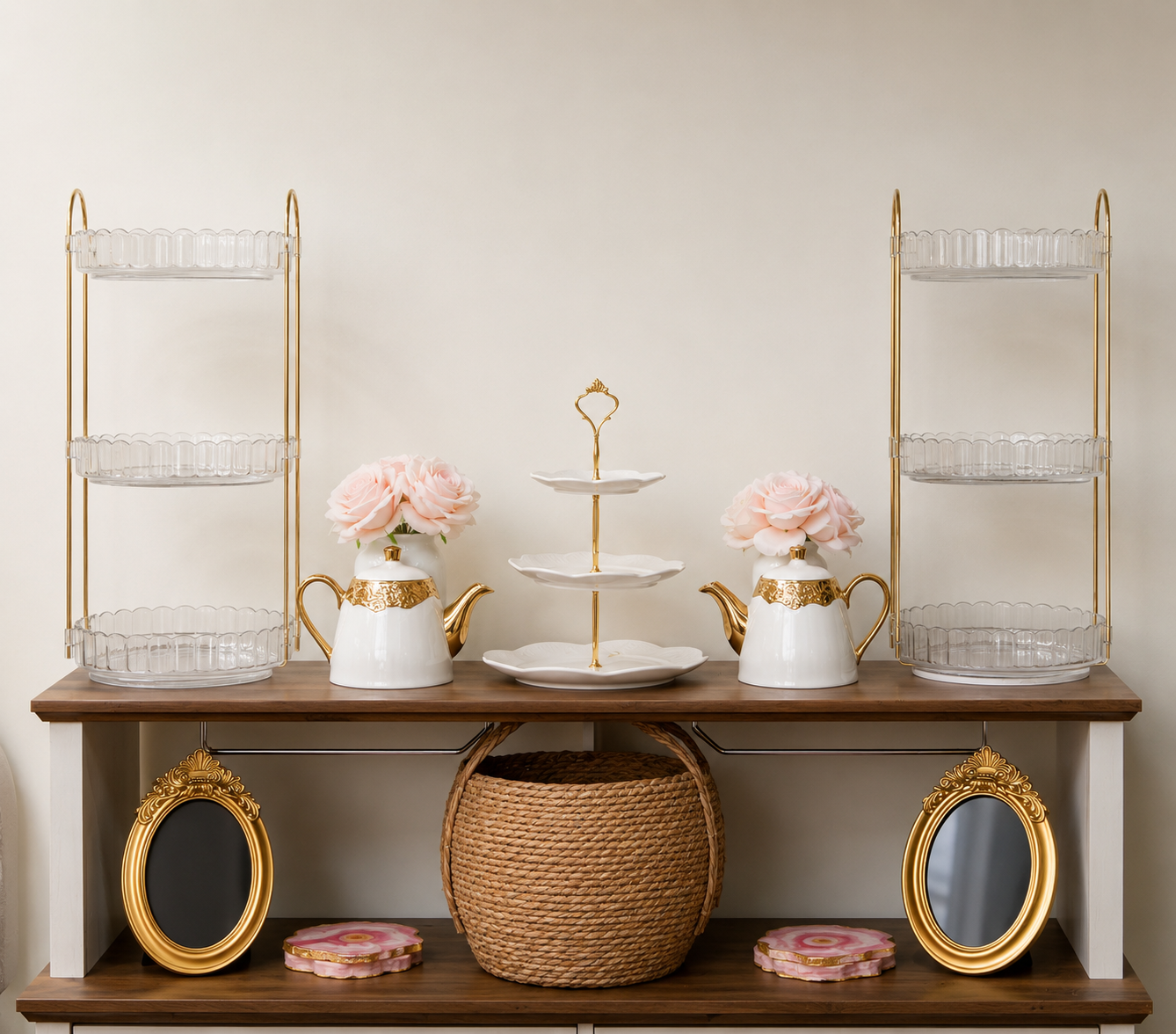 Tea and coffee station with gold teapots, tiered stand, and pink roses