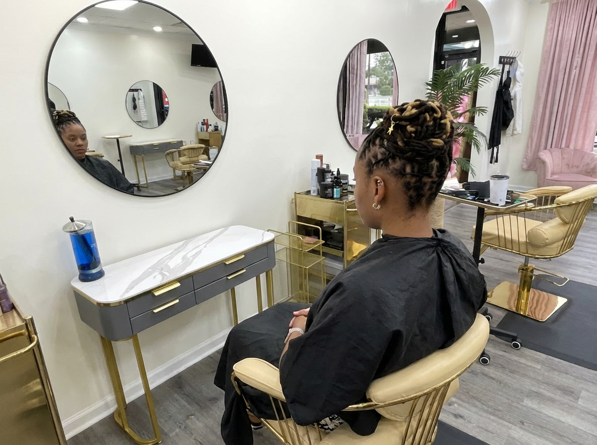 Client in gold salon chair with loc updo — Sinkor Beauty Salon loc specialists Middletown Delaware