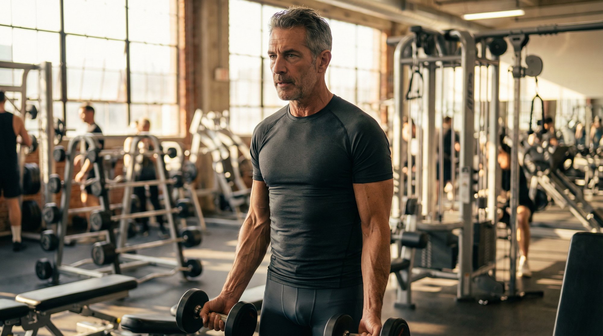 Active man over 50 training with dumbbells — the SteadyGains lifestyle