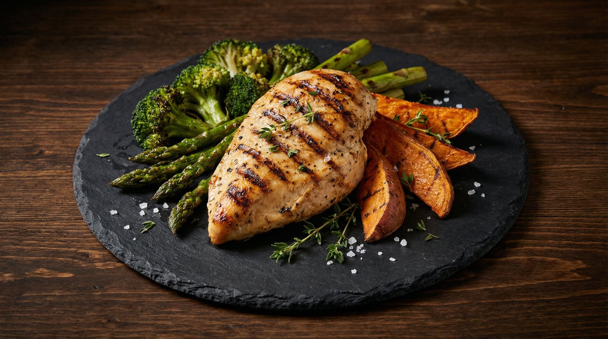 Grilled chicken with broccoli, asparagus and sweet potato — high-protein meal plans for men 50+