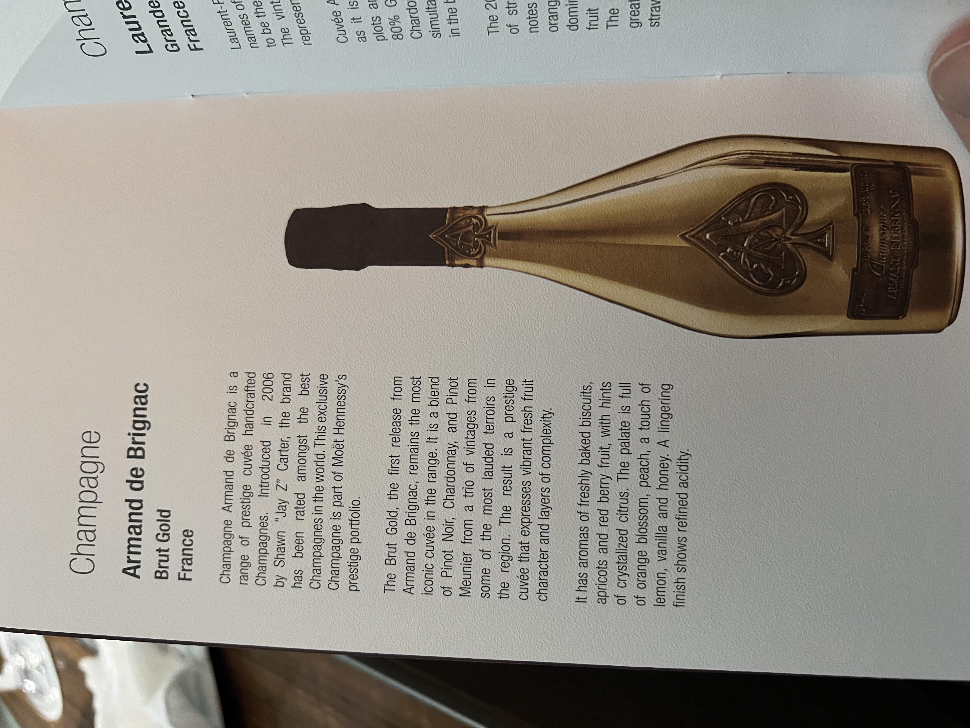 Armand de Brignac Ace of Spades champagne on a Qatar Airways First Class wine and beverage list