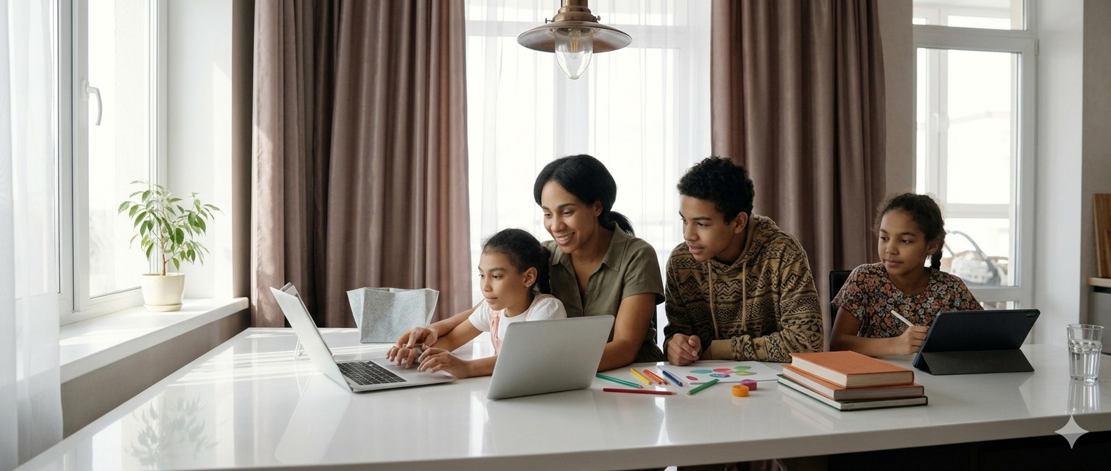 A mother and her three children learning together at a table with laptops, a tablet, books, and colorful supplies