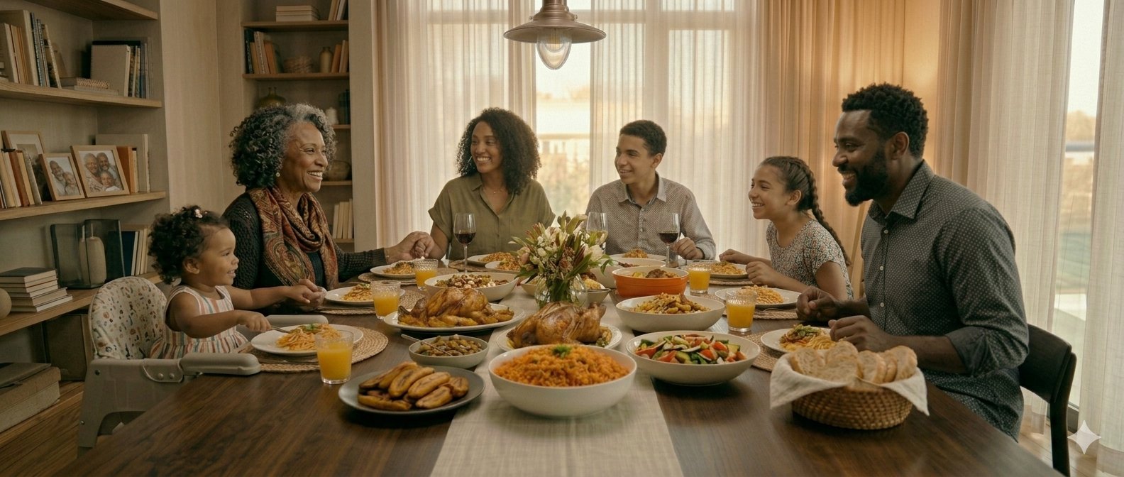 Multigenerational family — grandma, parents, teens, and a toddler — sharing a joyful dinner together