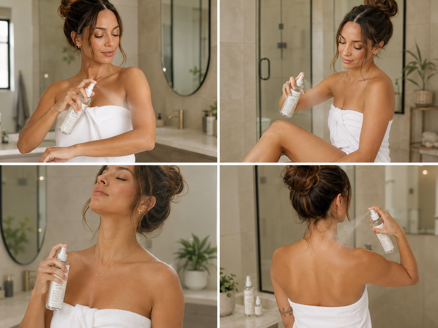 Model in white towel spraying Dew of Indra body mist onto her arms.