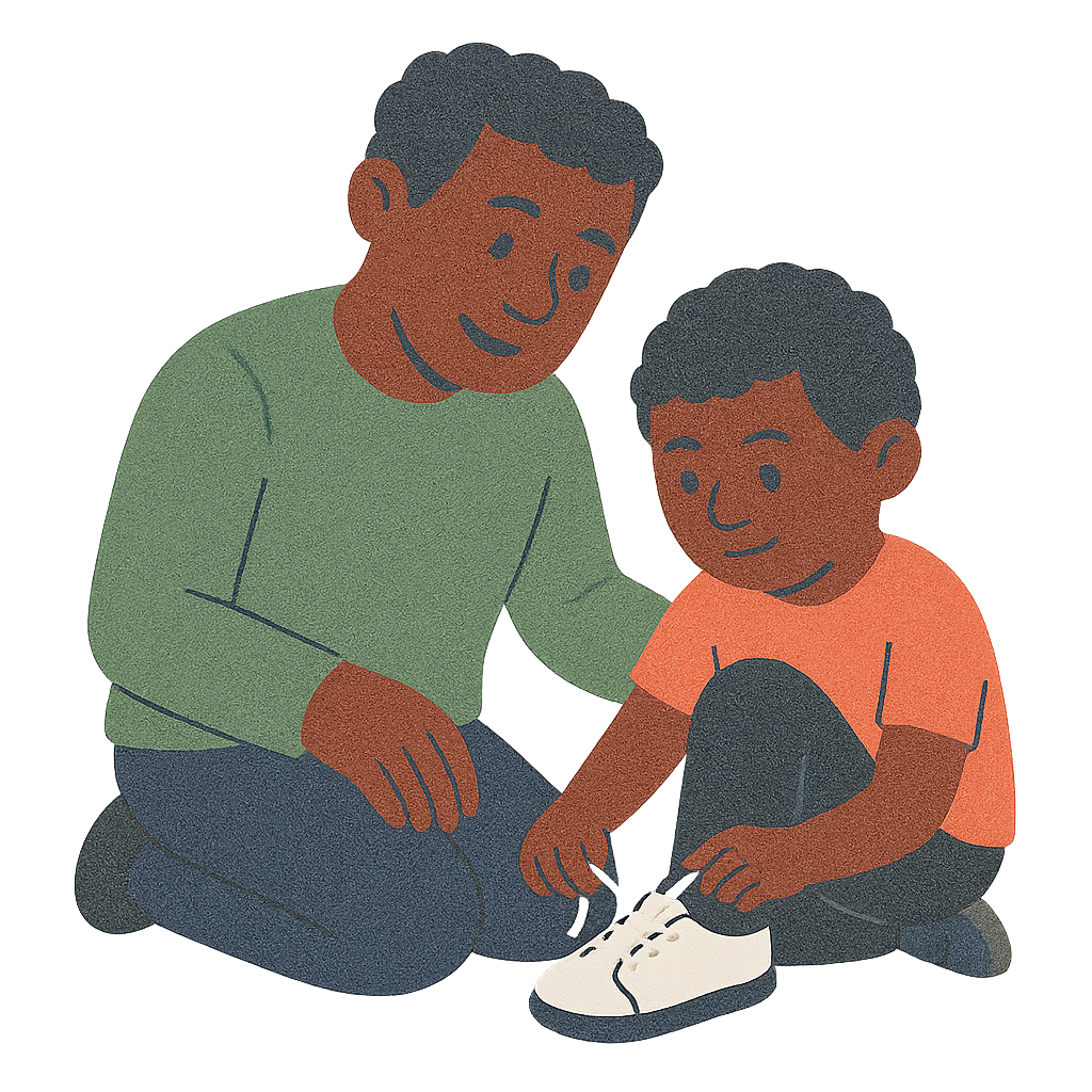 Family tying shoes together