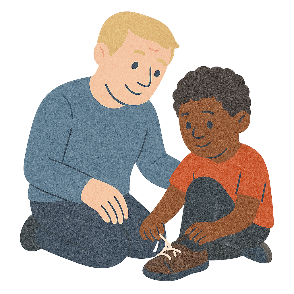 Father and child tying shoes together