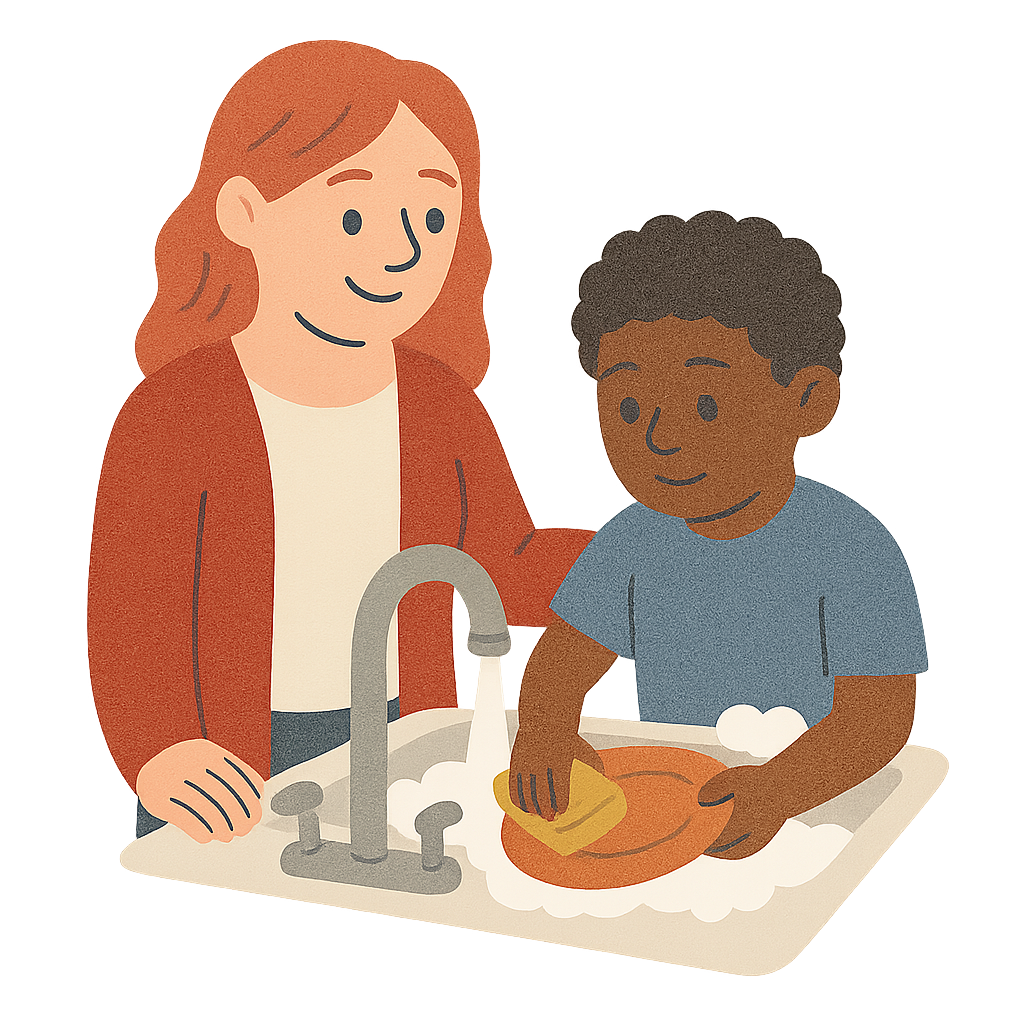 Mother and child washing dishes together