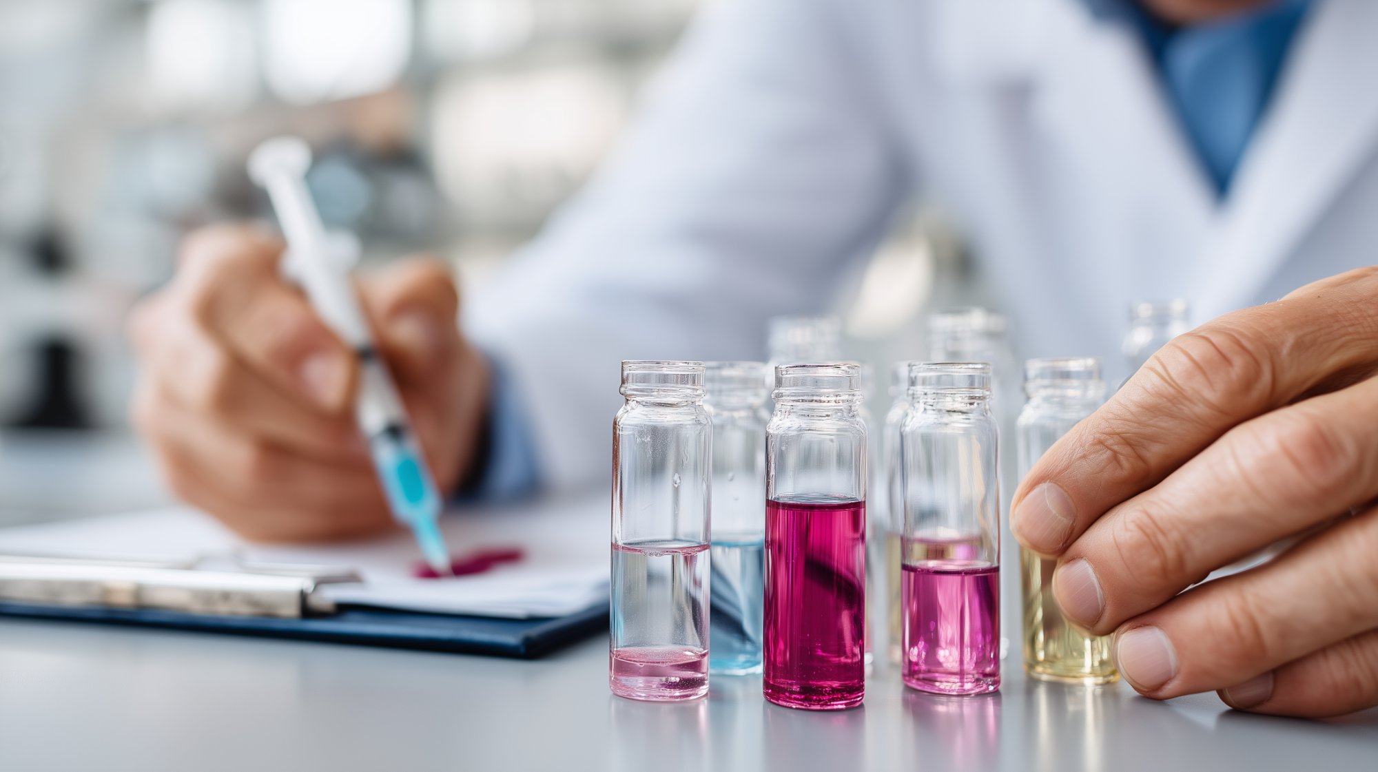 Clinical grade IV solutions in lab vials with researcher documenting results