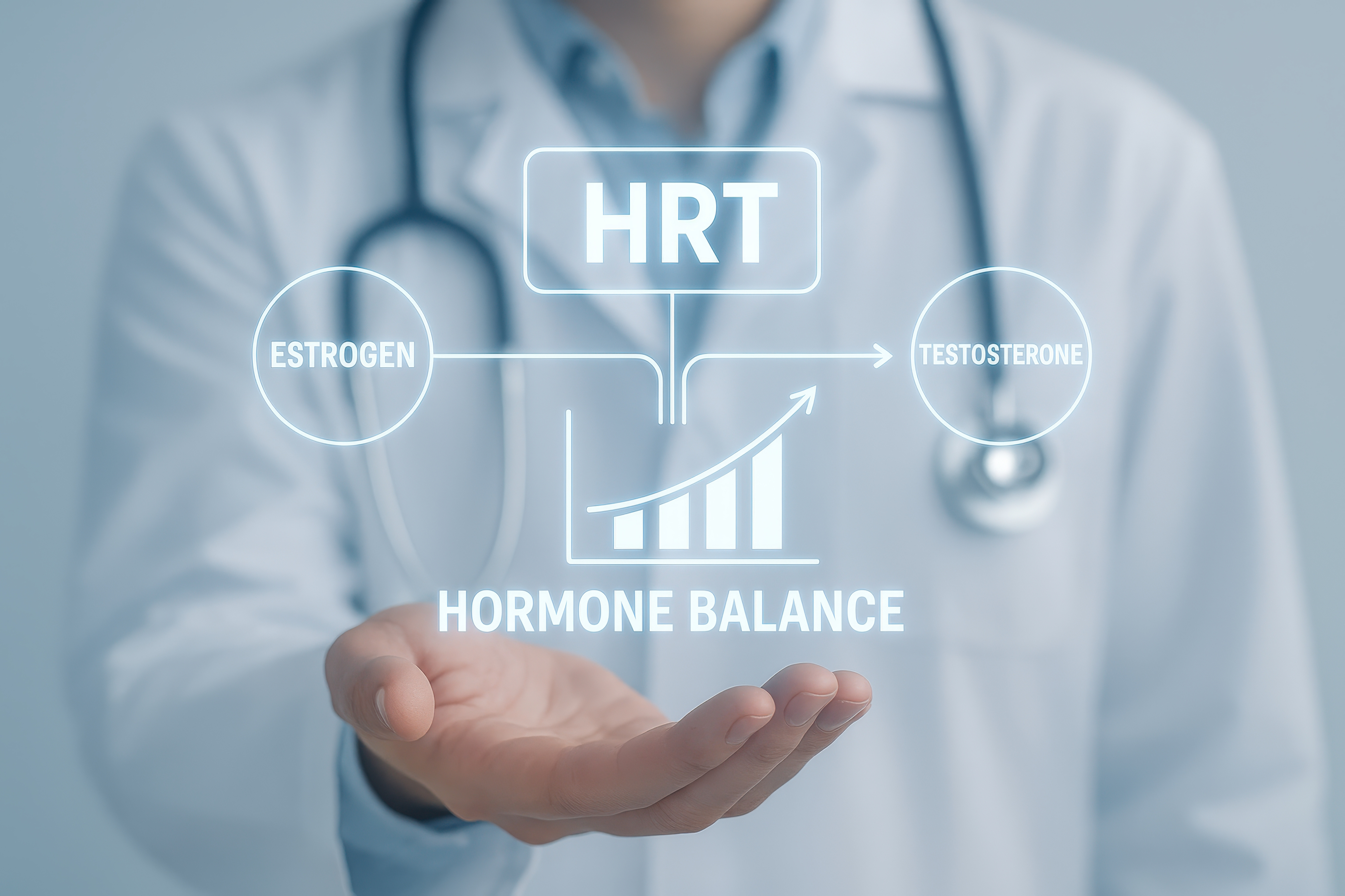 Hormone balance infographic showing estrogen to testosterone HRT optimization