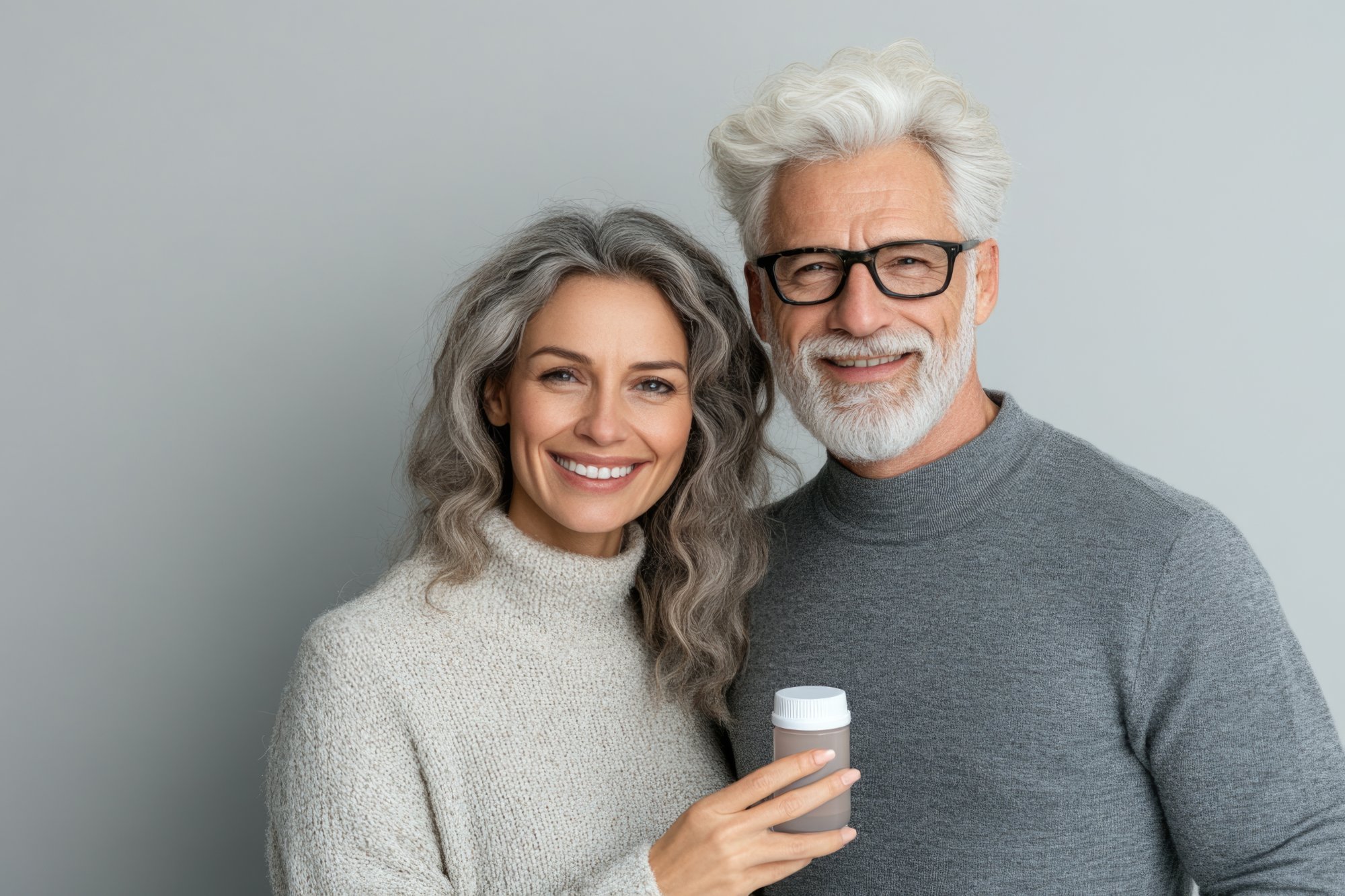 Couple smiling and holding supplement bottle after testosterone optimization program