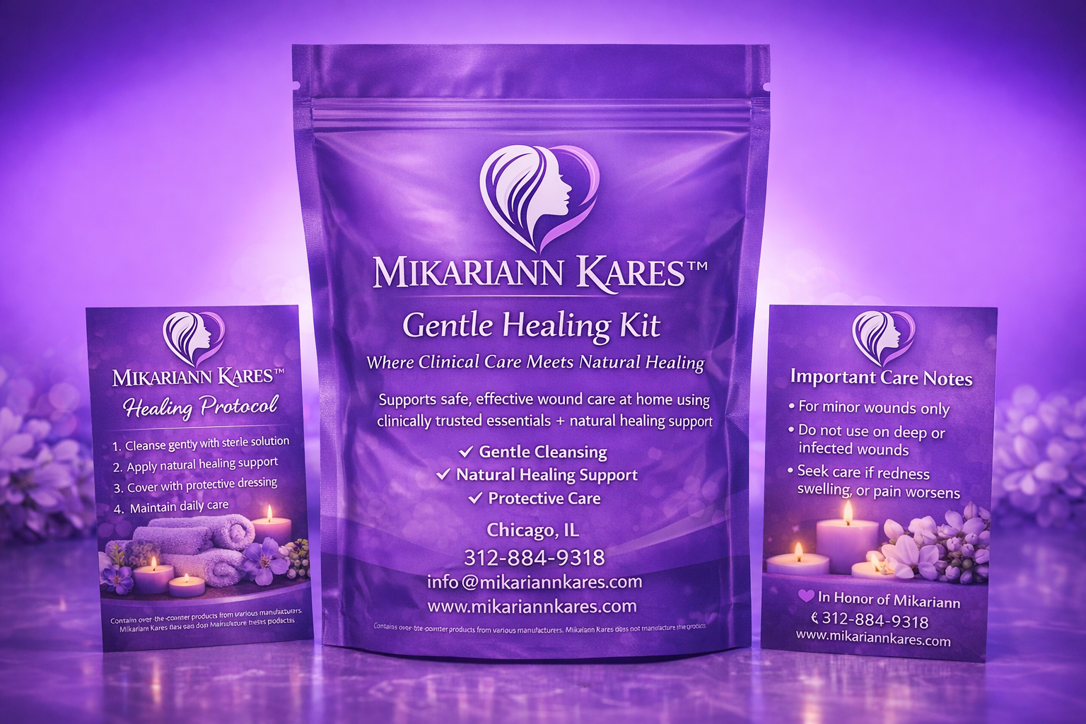 Mikariann Kares Gentle Healing Kit — purple packaging with Healing Protocol card and Care Notes card