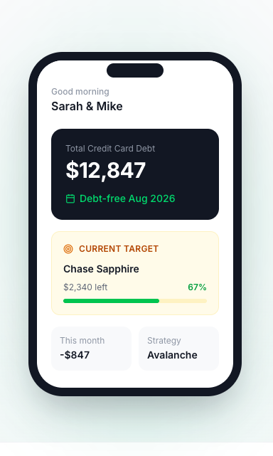CouplePay app showing Sarah & Mike's shared debt dashboard with $12,847 total debt and debt-free date of Aug 2026