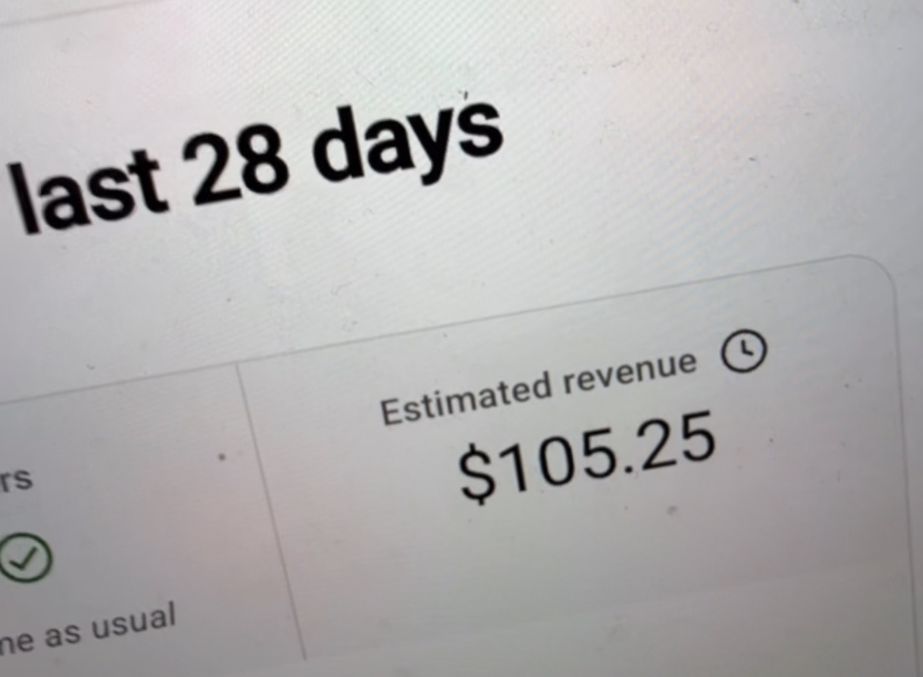 YouTube Analytics: $105.25 estimated revenue over 28 days