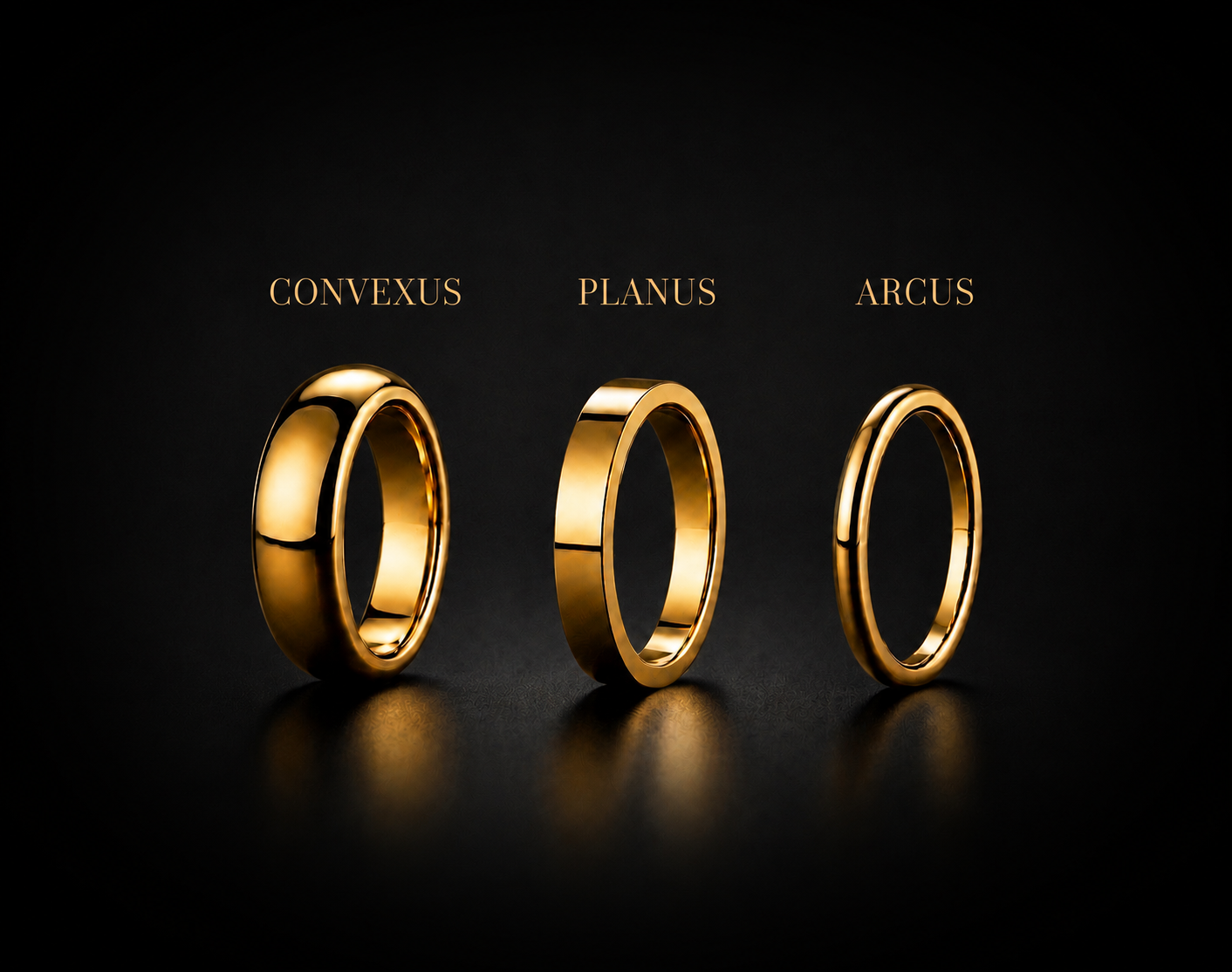 VOWCRAFT three ring forms &mdash; Convexus, Planus, and Arcus &mdash; with gold labels on dark background
