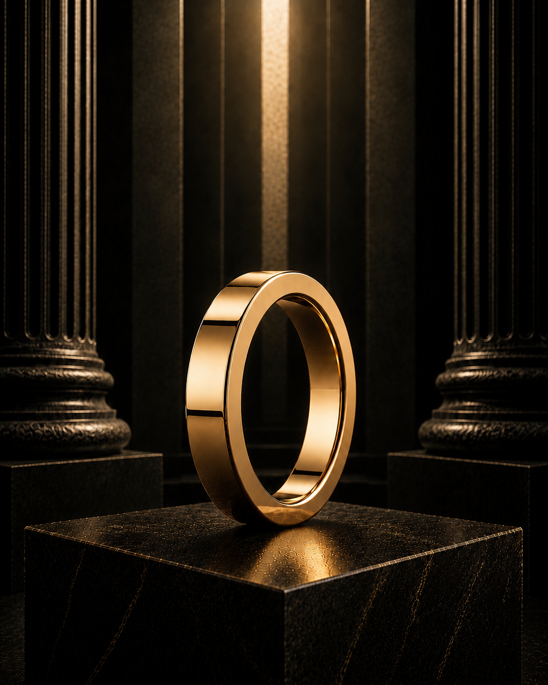 VOWCRAFT Planus — flat gold band ring on dark pedestal with flanking columns